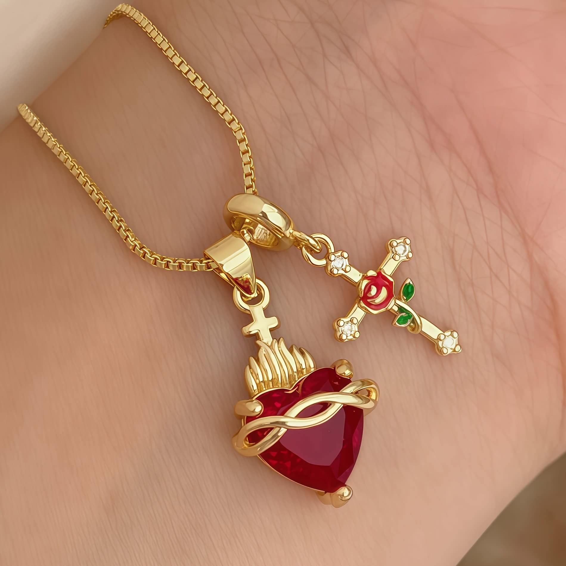 Christianartworkshop Collar con colgante de cruz del Sagrado Corazón y la Rosa: Encarna el amor divino y la gracia redentora. - Sagrado Corazón - image 0