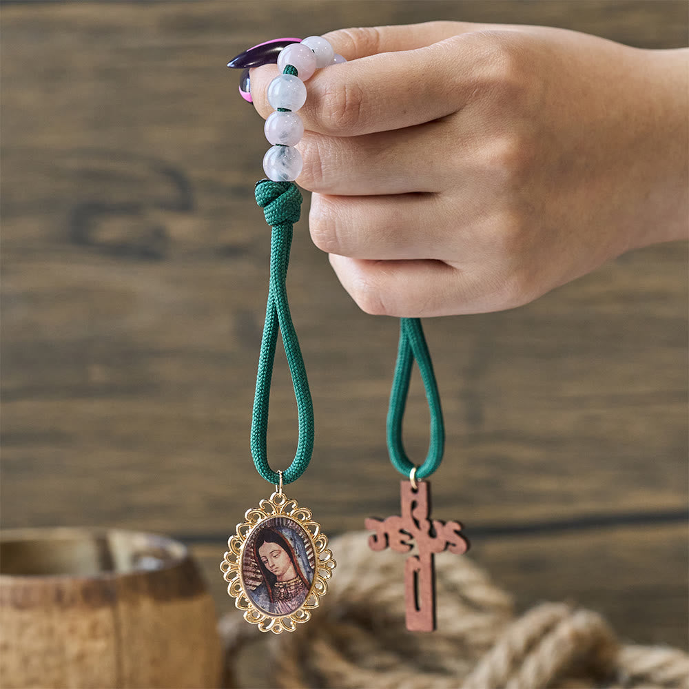 Christianartworkshop Rosario de bolsillo Wearable Faith de cuarzo rosa y ágata roja con dije de la Virgen María - image 1