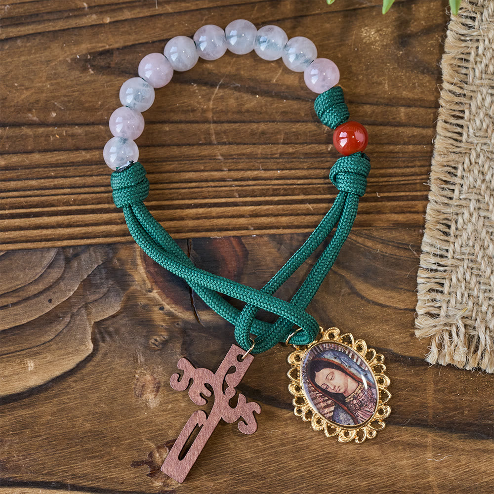 Christianartworkshop Rosario de bolsillo Wearable Faith de cuarzo rosa y ágata roja con dije de la Virgen María - Cuarzo rosa y ágata roja - image 0