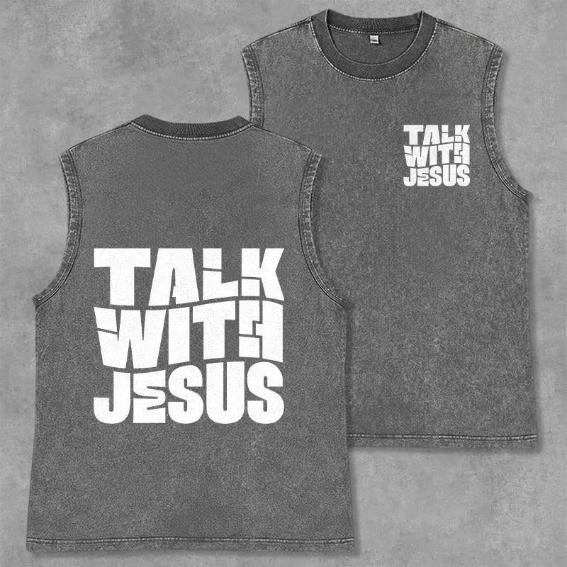Christianartworkshop Camiseta unisex sin mangas lavada con la frase "Habla con Jesús" en letra mayúscula: un símbolo de devoción diaria. - Gris - 2XL - image 14