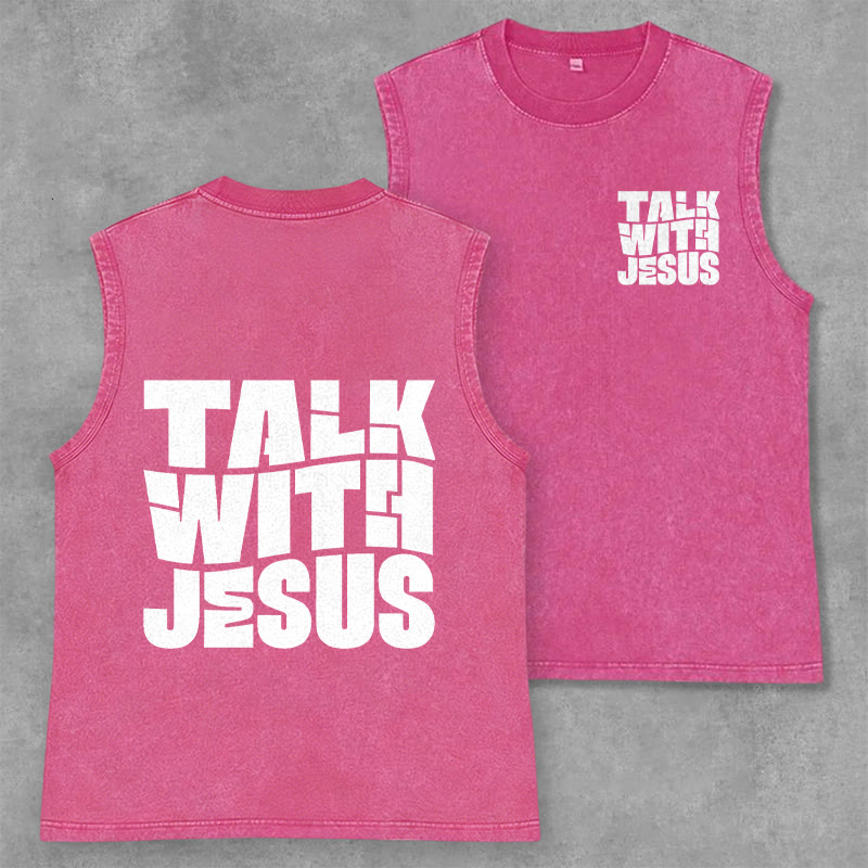 Christianartworkshop Camiseta unisex sin mangas lavada con la frase "Habla con Jesús" en letra mayúscula: un símbolo de devoción diaria. - Rosa - 2XL - image 7