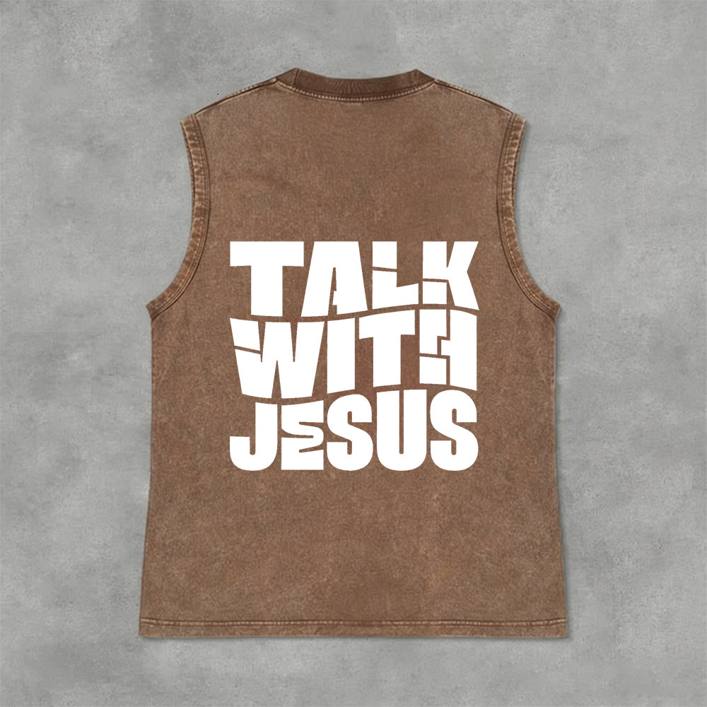 Christianartworkshop Camiseta unisex sin mangas lavada con la frase "Habla con Jesús" en letra mayúscula: un símbolo de devoción diaria. - image 23