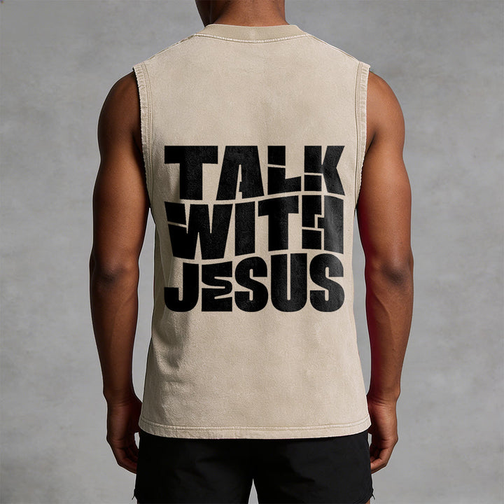 Christianartworkshop Camiseta unisex sin mangas lavada con la frase "Habla con Jesús" en letra mayúscula: un símbolo de devoción diaria. - image 4