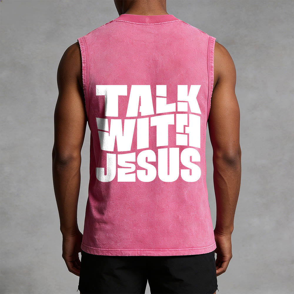 Christianartworkshop Camiseta unisex sin mangas lavada con la frase "Habla con Jesús" en letra mayúscula: un símbolo de devoción diaria. - image 11