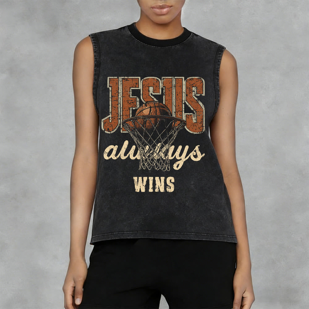 Christianartworkshop Camiseta sin mangas unisex lavada con el lema "Jesús siempre gana" y la frase "Baloncesto" - image 8