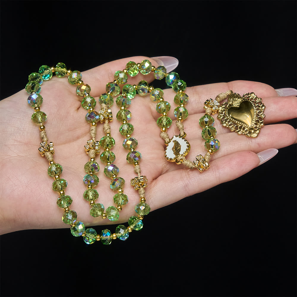 Christianartworkshop Rosario del Trébol de la Suerte y el Sagrado Corazón con Cuentas Verdes Iridiscentes y Medalla del Sagrado Corazón - image 1