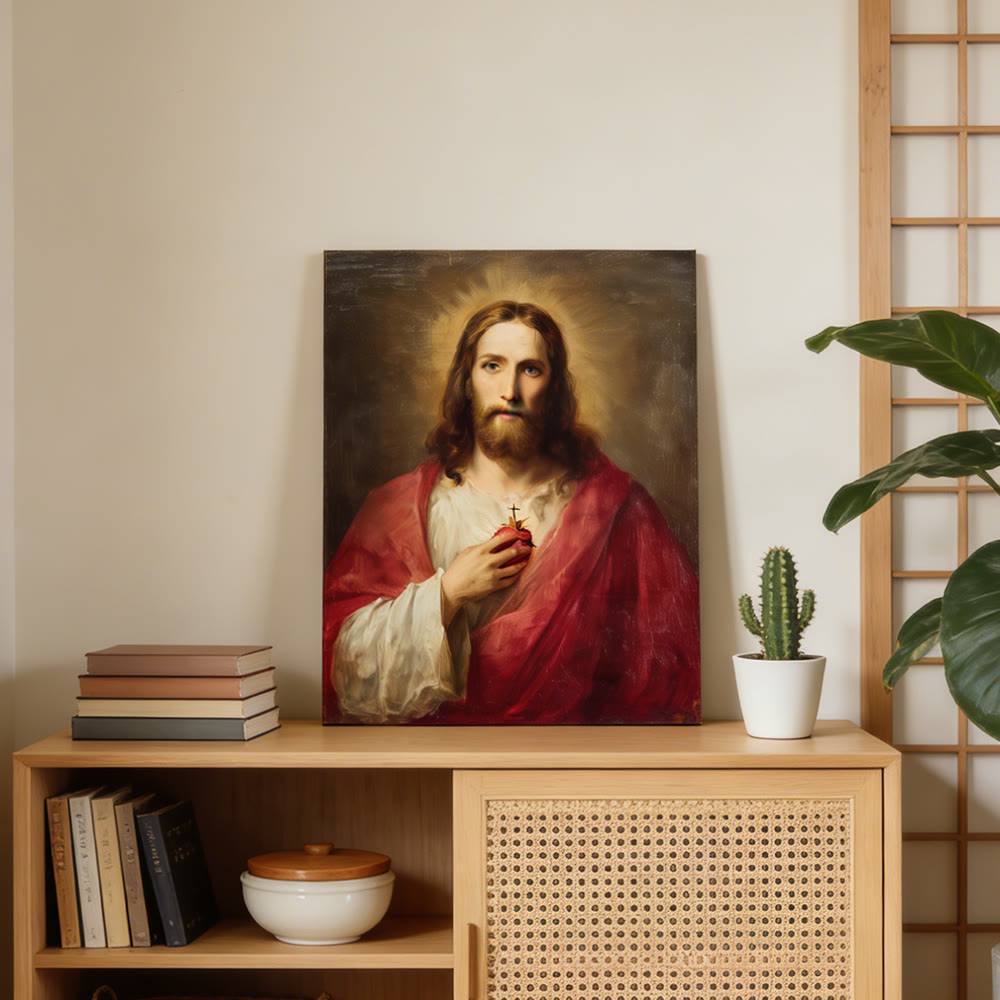 Christianartworkshop Lámina decorativa del Sagrado Corazón de Jesús: Un símbolo del amor divino y la redención. - Cuadro en lienzo enmarcado - 13,77"*19,58"*0,7"/35*50*1,8 cm - image 0