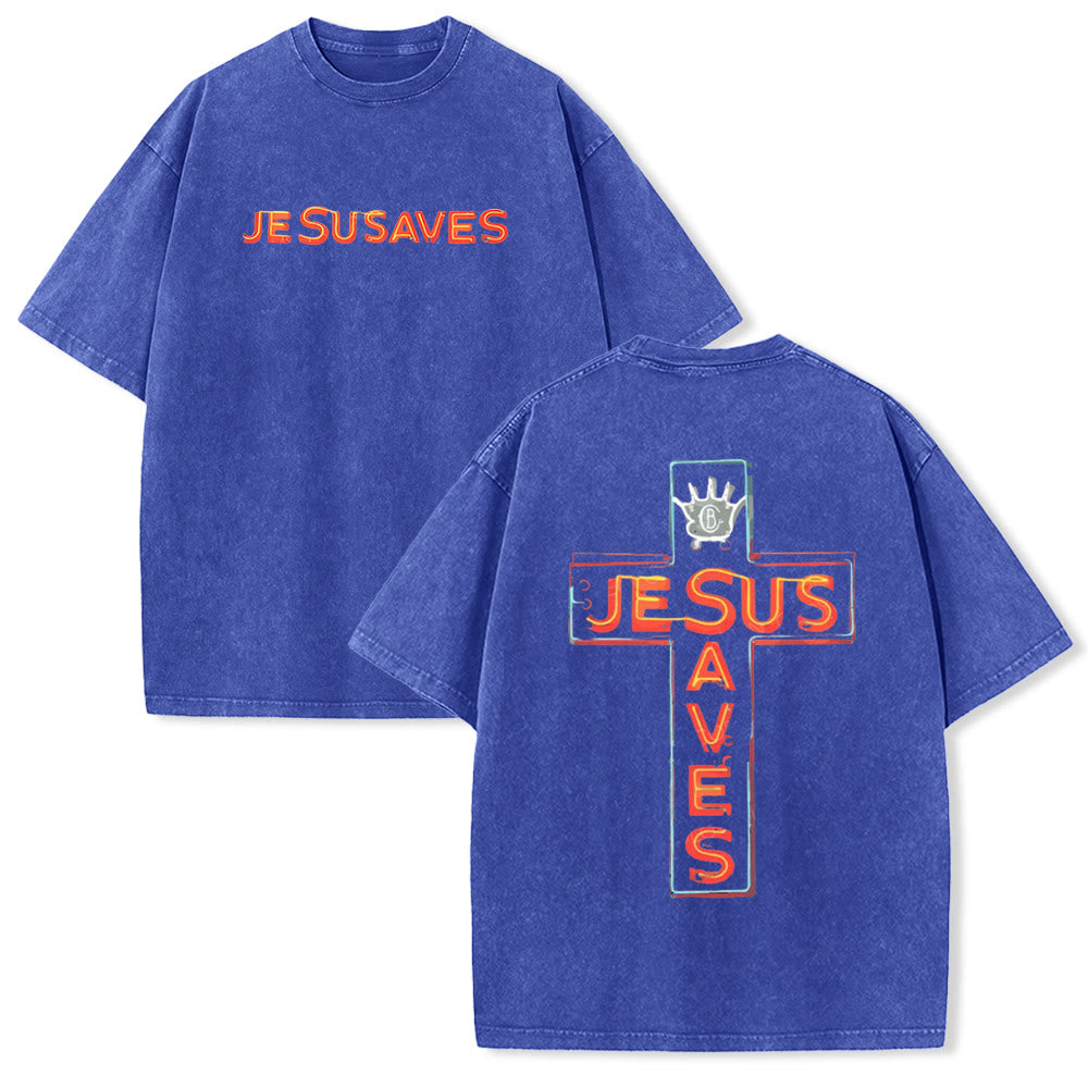 Christianartworkshop Camiseta unisex lavada con estampado de la cruz de Jesús salva - Azul - 5XL - image 2