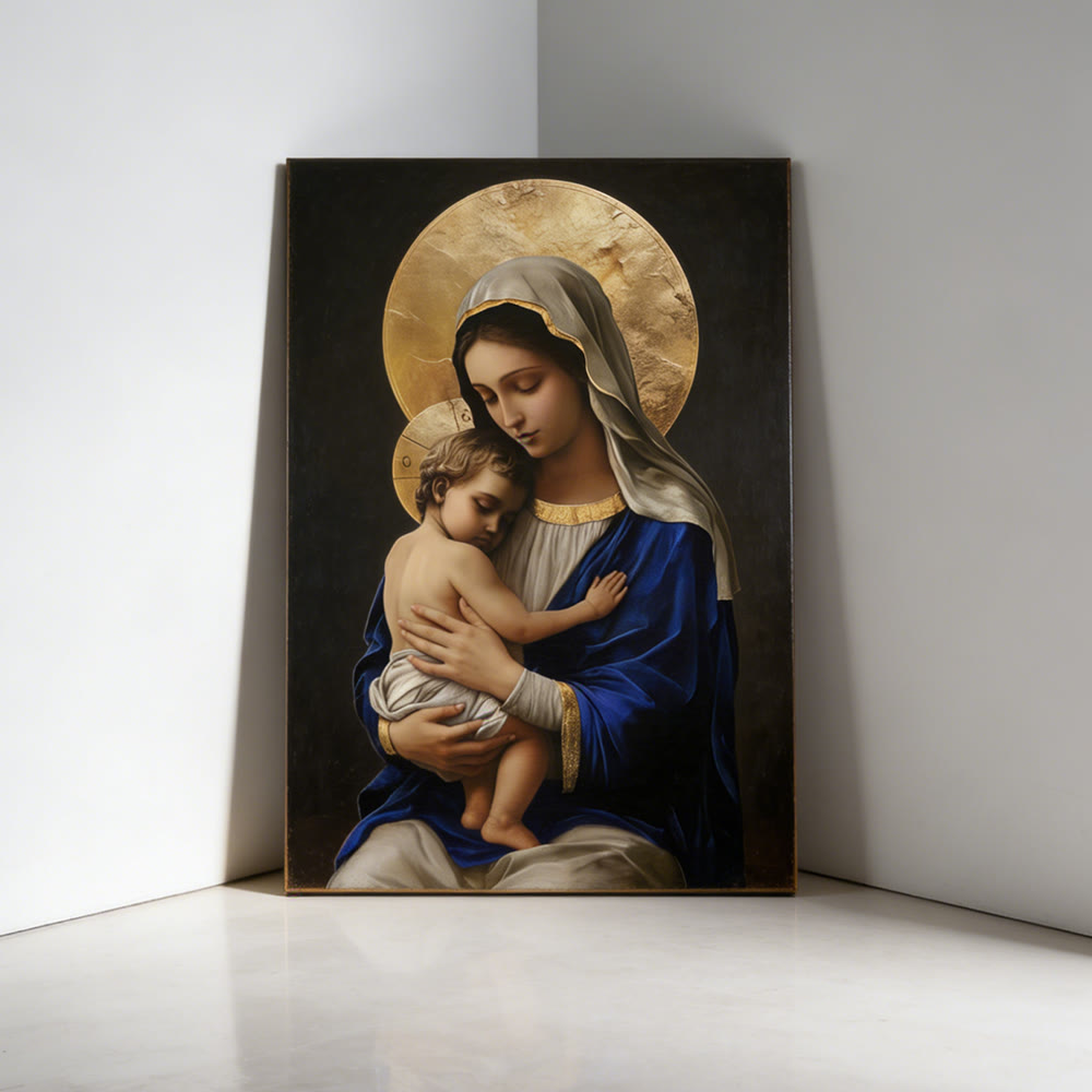 Christianartworkshop Lienzo impreso de la Virgen con el Niño en túnica azul real: Encarna la pura devoción de María. - image 1
