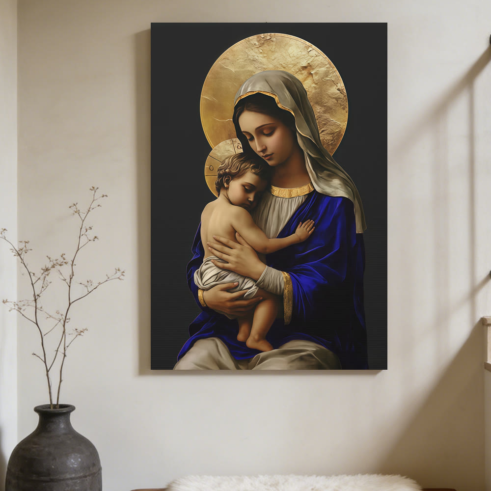 Christianartworkshop Lienzo impreso de la Virgen con el Niño en túnica azul real: Encarna la pura devoción de María. - image 2