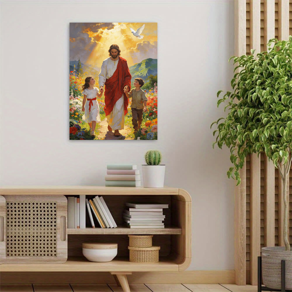 Christianartworkshop Lámina decorativa cristiana "Jesús camina con niños bajo la luz dorada": Encarna la alegría de una fe infantil. - image 1