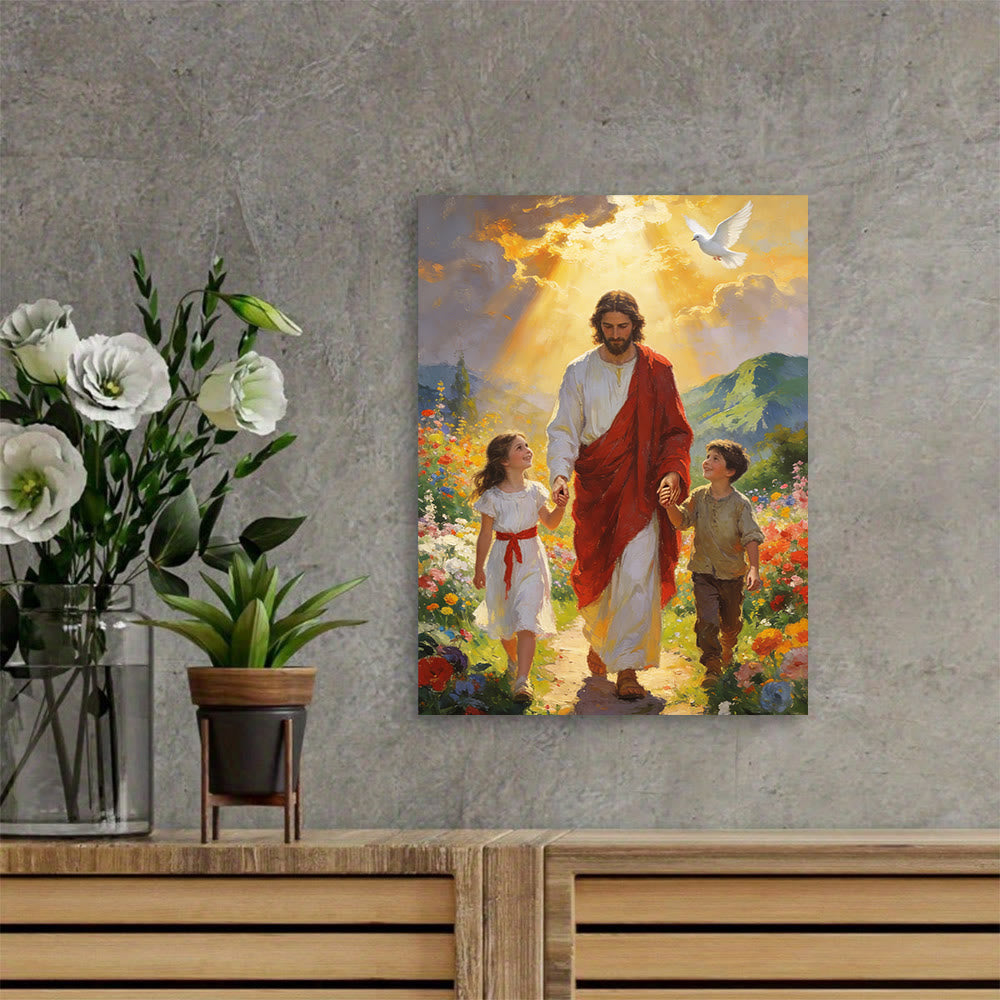 Christianartworkshop Lámina decorativa cristiana "Jesús camina con niños bajo la luz dorada": Encarna la alegría de una fe infantil. - Cuadro en lienzo enmarcado - 13,77"*19,58"*0,7"/35*50*1,8 cm - image 0