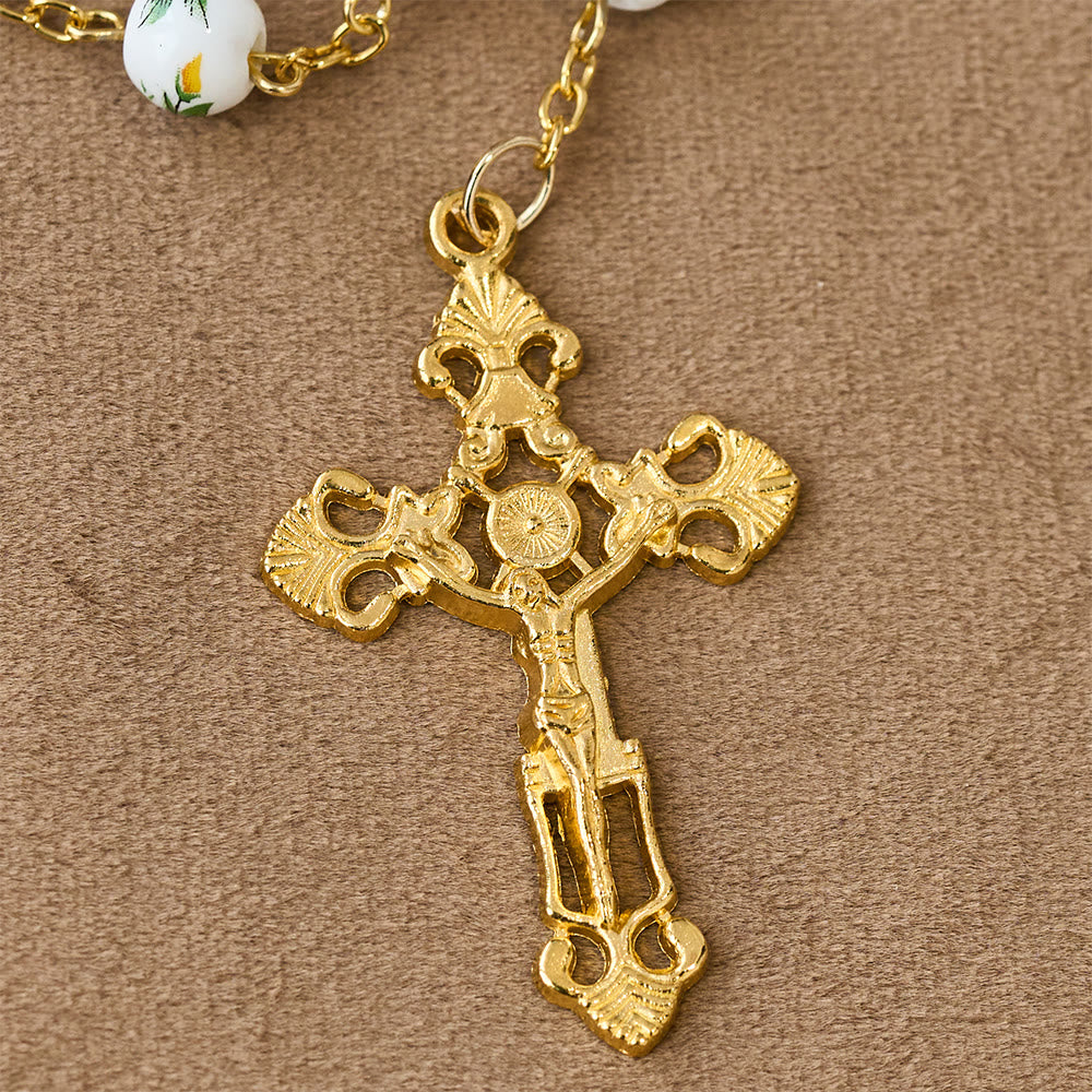 Christianartworkshop Rosario de Pascua con margaritas amarillas, cuentas de cerámica y dije de la Virgen María. - image 5