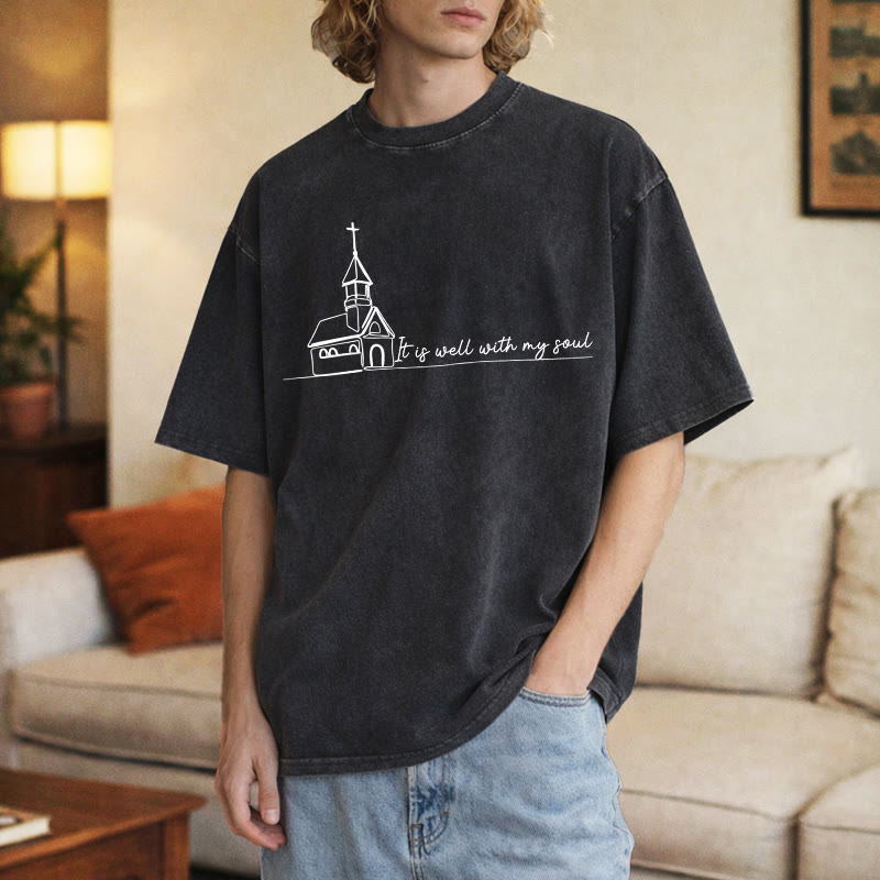 Christianartworkshop Camiseta unisex lavada con diseño de boceto de iglesia "It Is Well With My Soul" - image 2