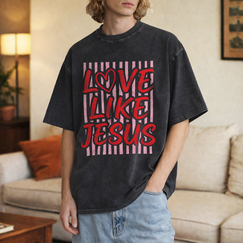 Christianartworkshop Camiseta unisex lavada con estampado de corazón y rayas, diseño "Love Like Jesus". - image 6
