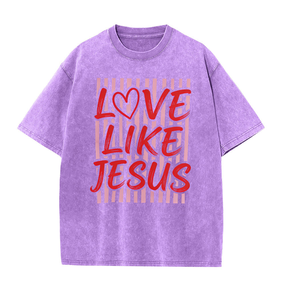 Christianartworkshop Camiseta unisex lavada con estampado de corazón y rayas, diseño "Love Like Jesus". - Púrpura - 5XL - image 0