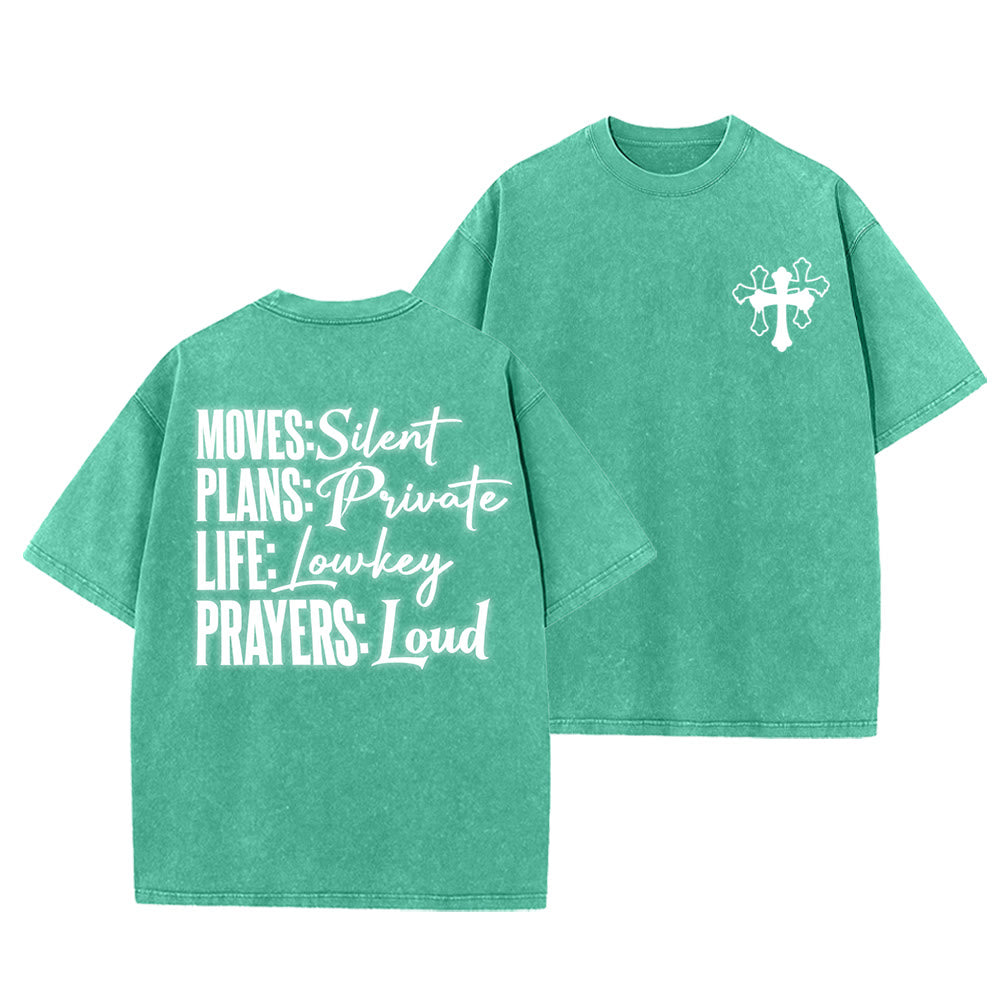Christianartworkshop Camiseta unisex lavada con diseño de cruz estilizada y letras mixtas "Moves Silent Prayers Loud" - Verde - 5XL - image 25