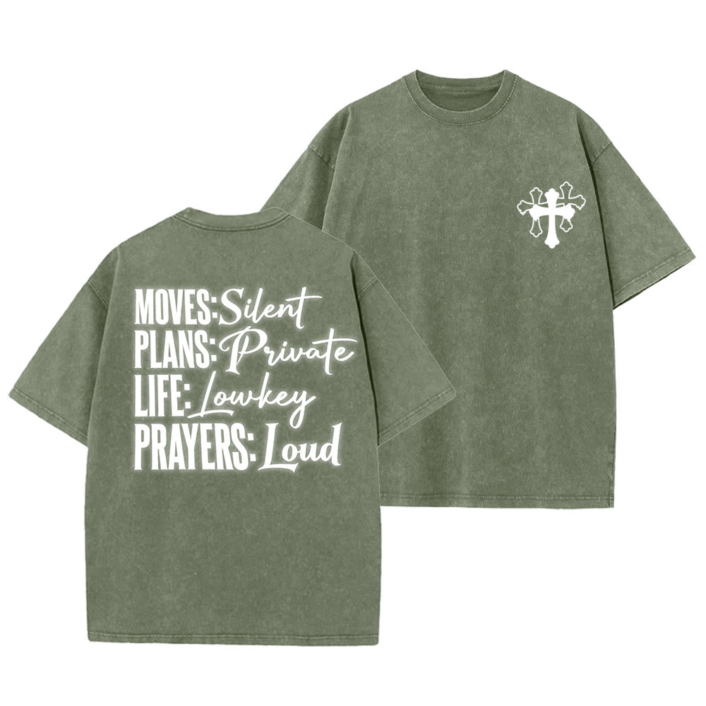 Christianartworkshop Camiseta unisex lavada con diseño de cruz estilizada y letras mixtas "Moves Silent Prayers Loud" - Verde militar - 5XL - image 22