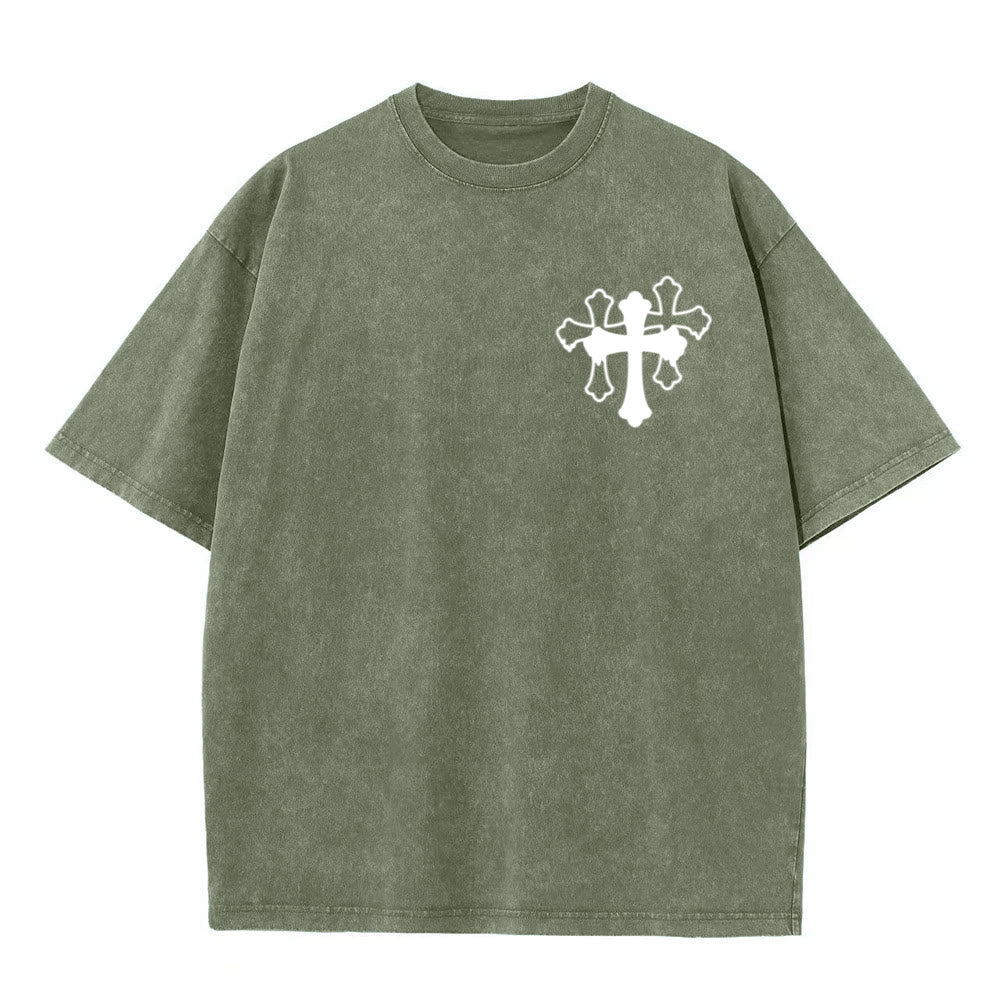 Christianartworkshop Camiseta unisex lavada con diseño de cruz estilizada y letras mixtas "Moves Silent Prayers Loud" - image 23