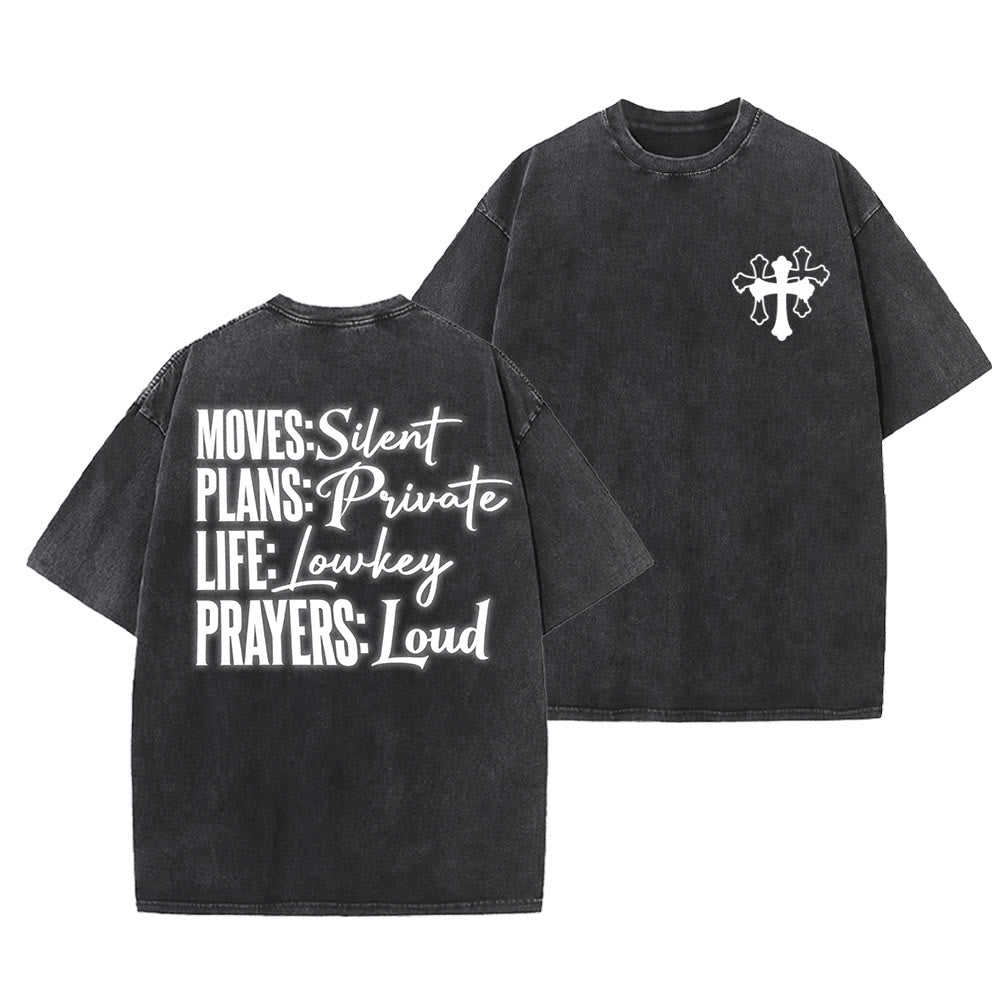 Christianartworkshop Camiseta unisex lavada con diseño de cruz estilizada y letras mixtas "Moves Silent Prayers Loud" - Negro - 5XL - image 15
