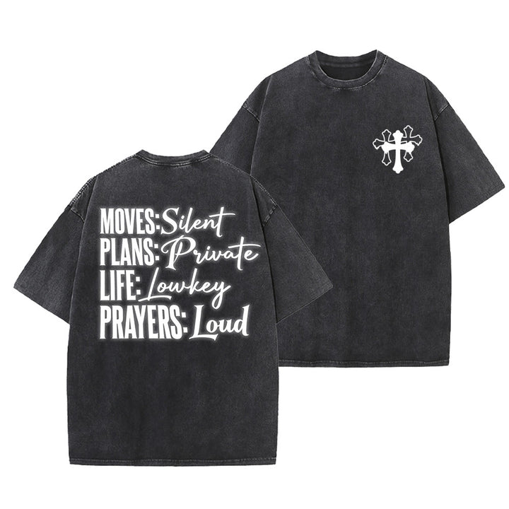 Christianartworkshop Camiseta unisex lavada con diseño de cruz estilizada y letras mixtas "Moves Silent Prayers Loud" - Negro - 5XL - image 15