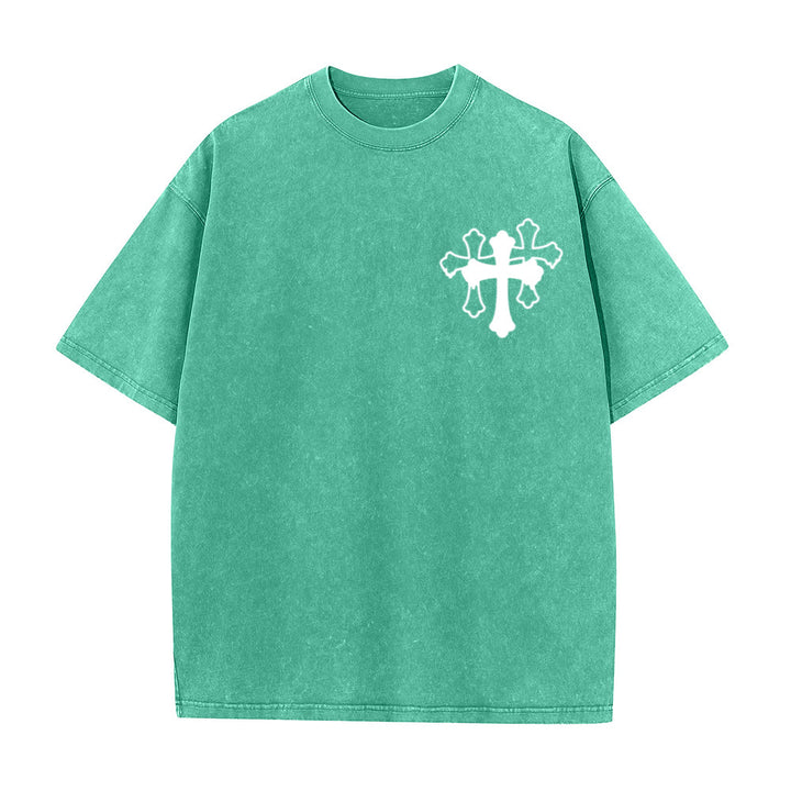 Christianartworkshop Camiseta unisex lavada con diseño de cruz estilizada y letras mixtas "Moves Silent Prayers Loud" - image 26