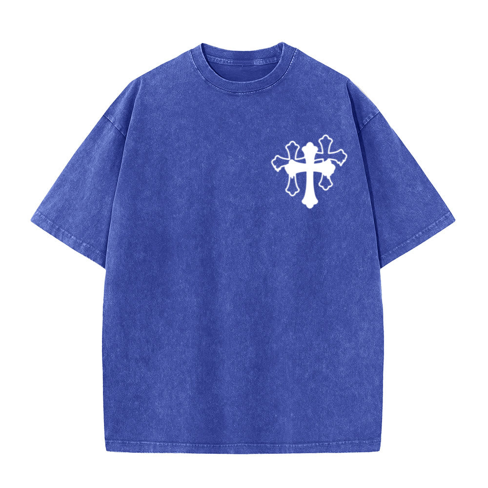 Christianartworkshop Camiseta unisex lavada con diseño de cruz estilizada y letras mixtas "Moves Silent Prayers Loud" - image 10