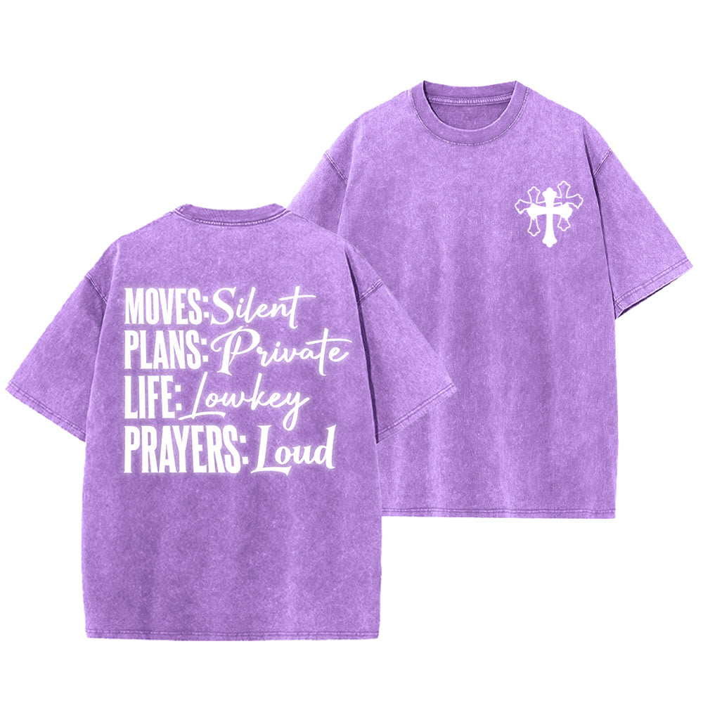 Christianartworkshop Camiseta unisex lavada con diseño de cruz estilizada y letras mixtas "Moves Silent Prayers Loud" - Púrpura - 5XL - image 6