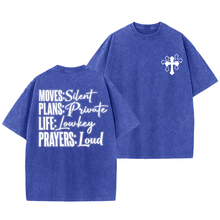 Christianartworkshop Camiseta unisex lavada con diseño de cruz estilizada y letras mixtas "Moves Silent Prayers Loud" - Azul - 5XL - image 9