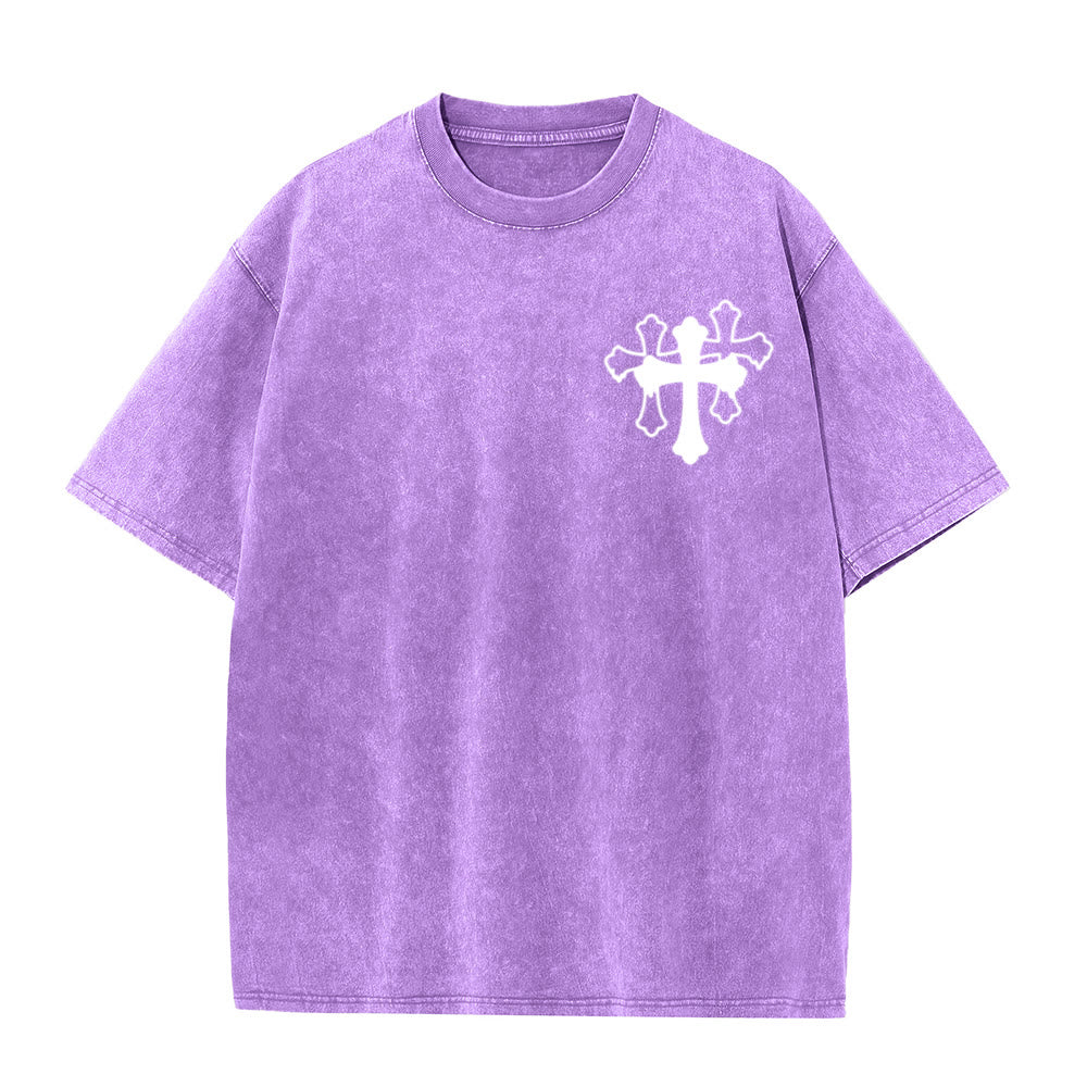Christianartworkshop Camiseta unisex lavada con diseño de cruz estilizada y letras mixtas "Moves Silent Prayers Loud" - image 7