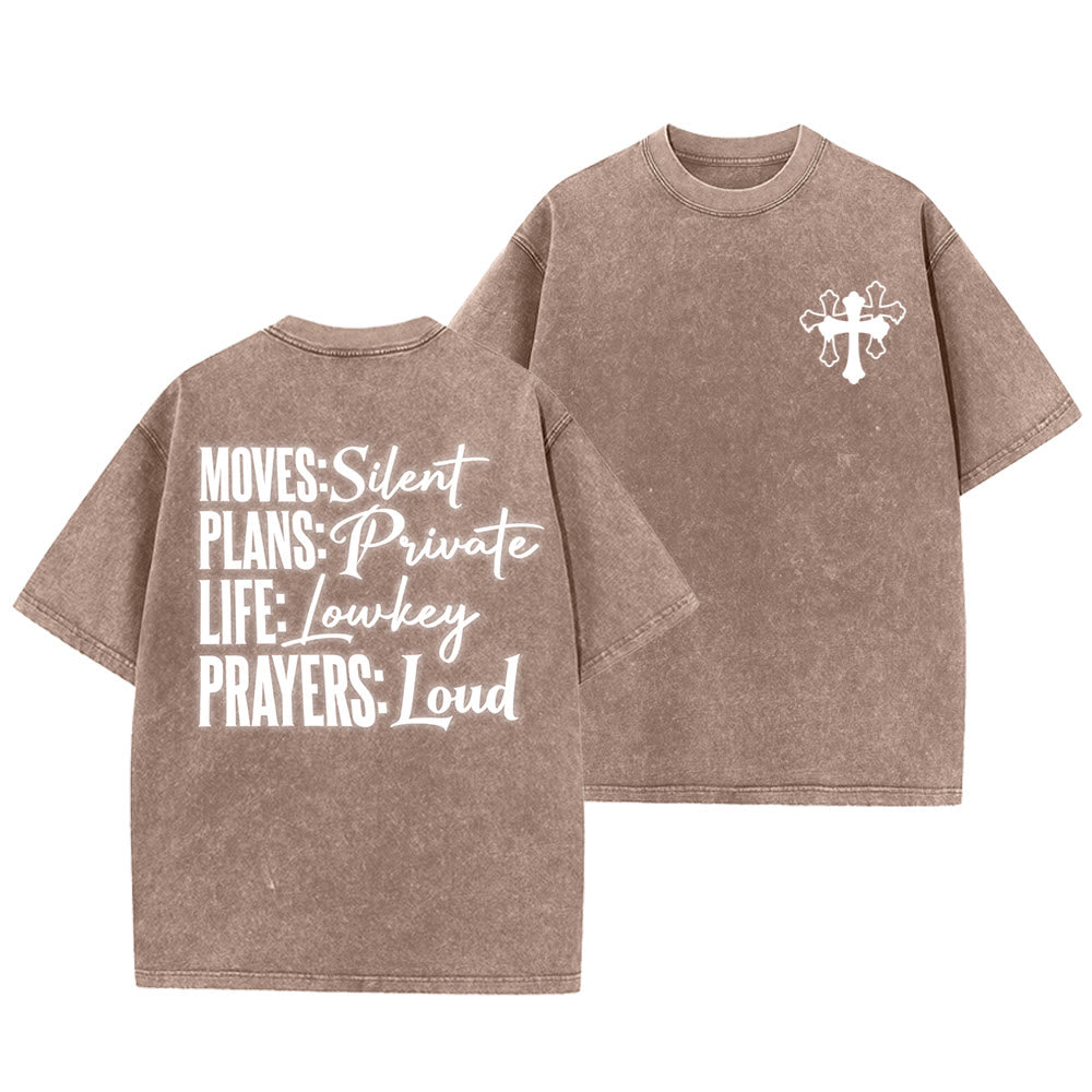 Christianartworkshop Camiseta unisex lavada con diseño de cruz estilizada y letras mixtas "Moves Silent Prayers Loud" - Marrón - 5XL - image 28
