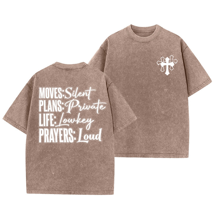 Christianartworkshop Camiseta unisex lavada con diseño de cruz estilizada y letras mixtas "Moves Silent Prayers Loud" - Marrón - 5XL - image 28