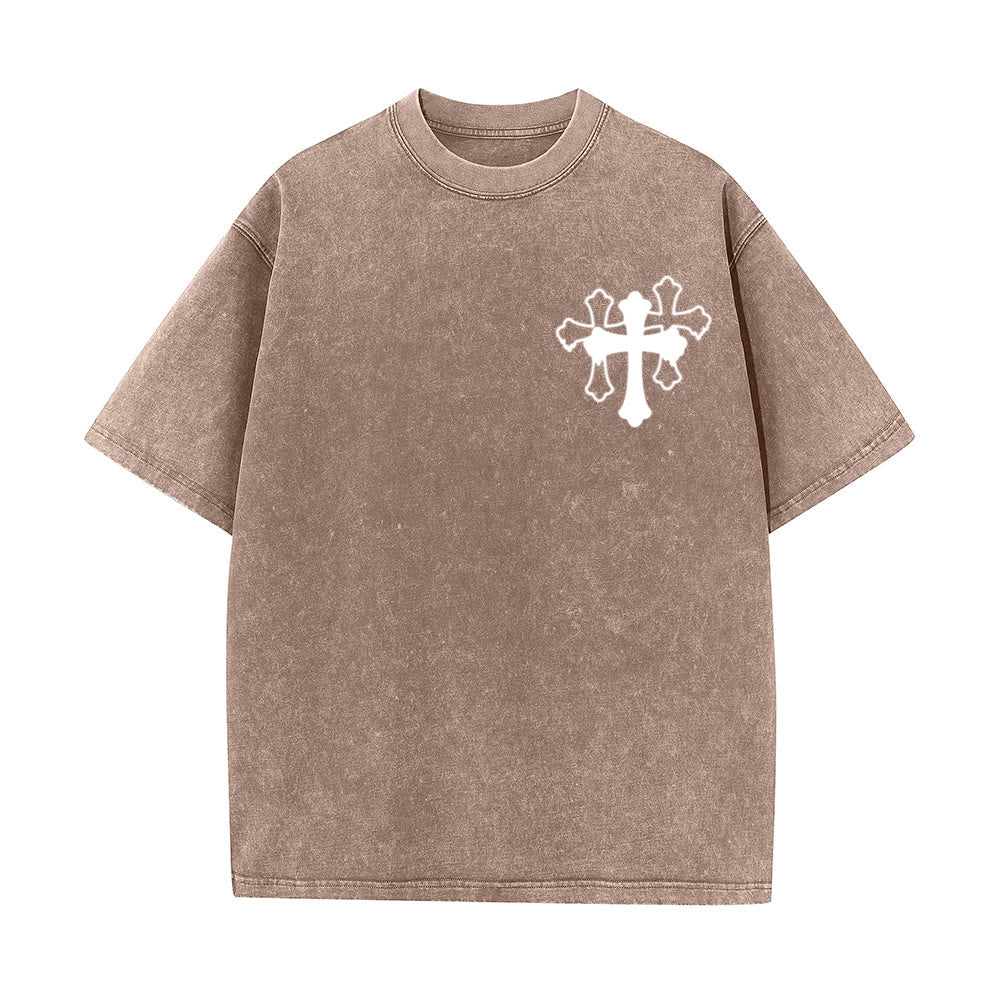 Christianartworkshop Camiseta unisex lavada con diseño de cruz estilizada y letras mixtas "Moves Silent Prayers Loud" - image 29