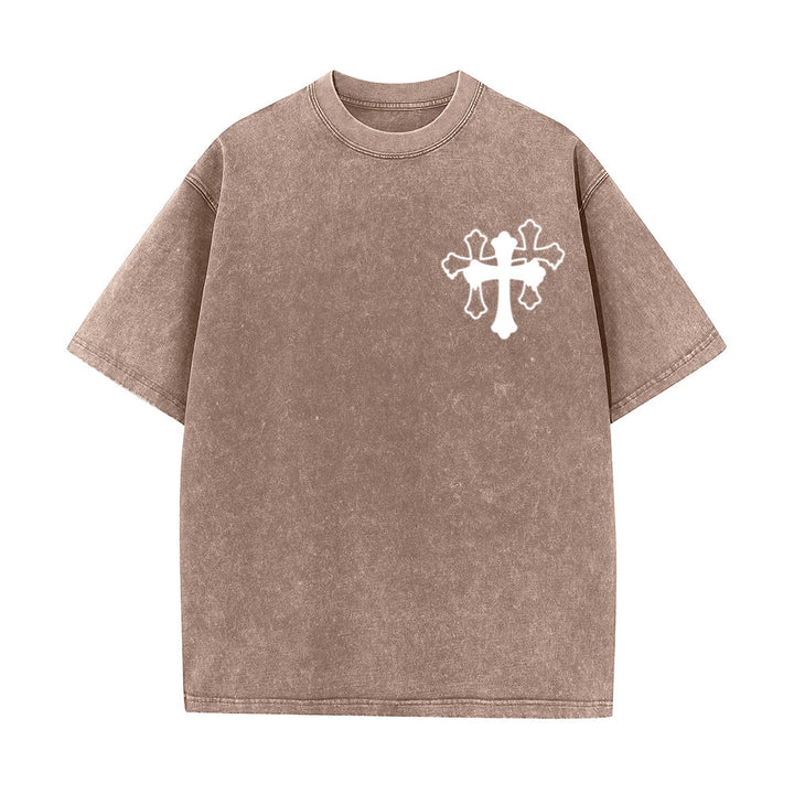 Christianartworkshop Camiseta unisex lavada con diseño de cruz estilizada y letras mixtas "Moves Silent Prayers Loud" - image 29