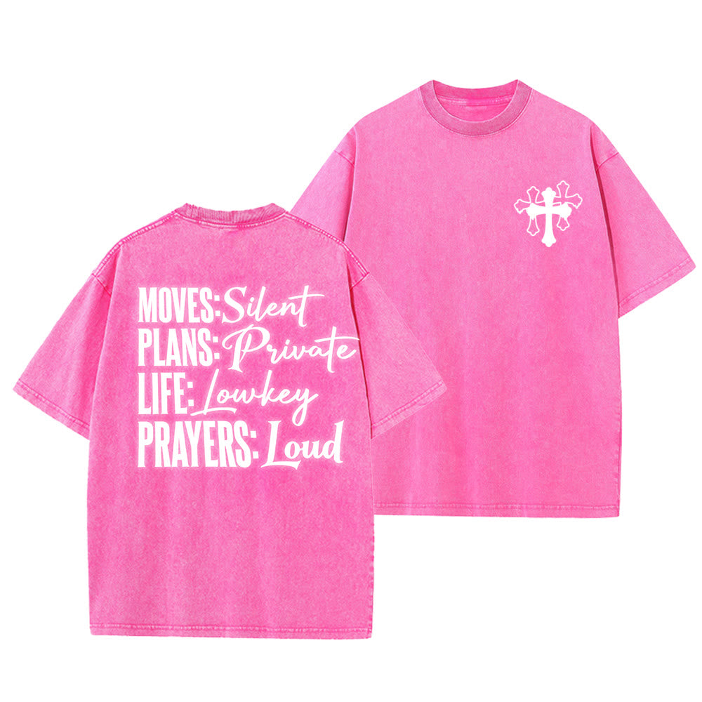 Christianartworkshop Camiseta unisex lavada con diseño de cruz estilizada y letras mixtas "Moves Silent Prayers Loud" - Rosa - 5XL - image 3