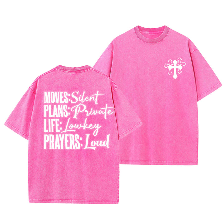Christianartworkshop Camiseta unisex lavada con diseño de cruz estilizada y letras mixtas "Moves Silent Prayers Loud" - Rosa - 5XL - image 3