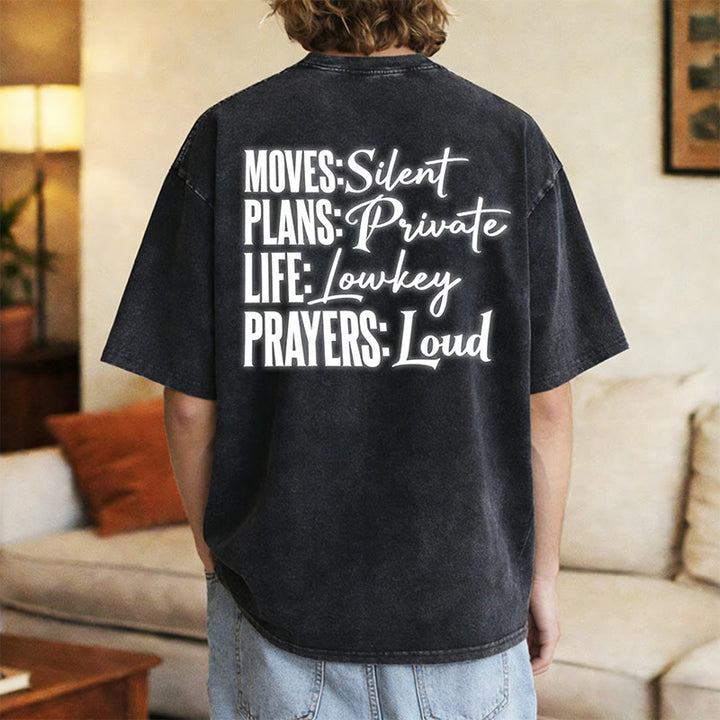 Christianartworkshop Camiseta unisex lavada con diseño de cruz estilizada y letras mixtas "Moves Silent Prayers Loud" - image 19