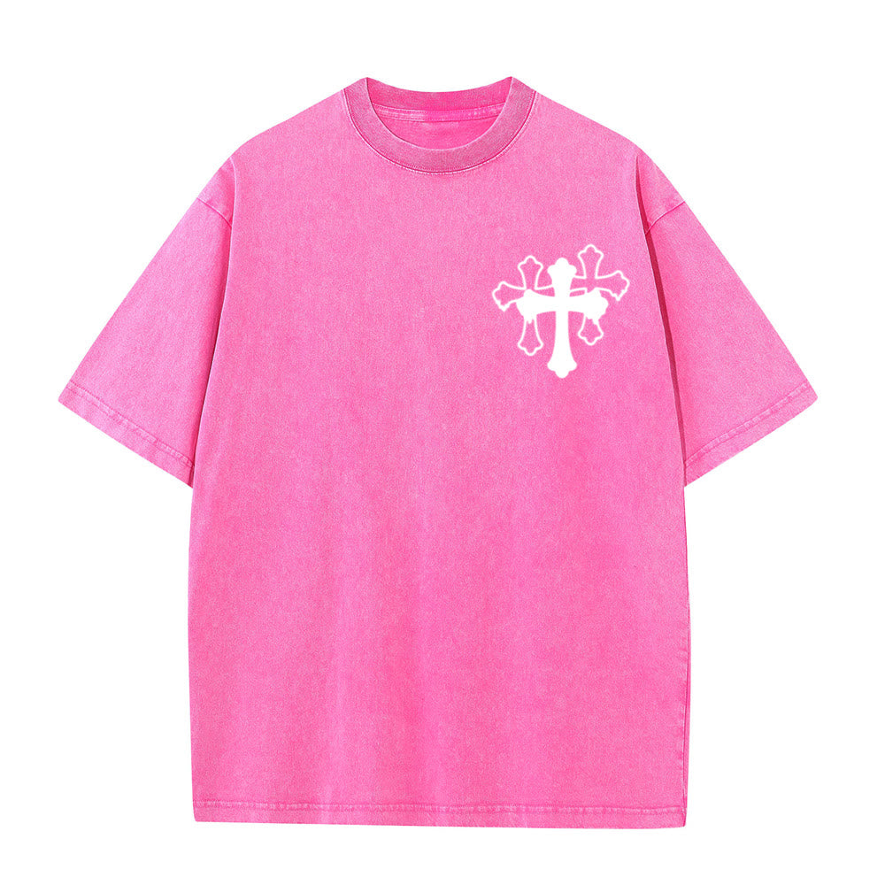 Christianartworkshop Camiseta unisex lavada con diseño de cruz estilizada y letras mixtas "Moves Silent Prayers Loud" - image 4