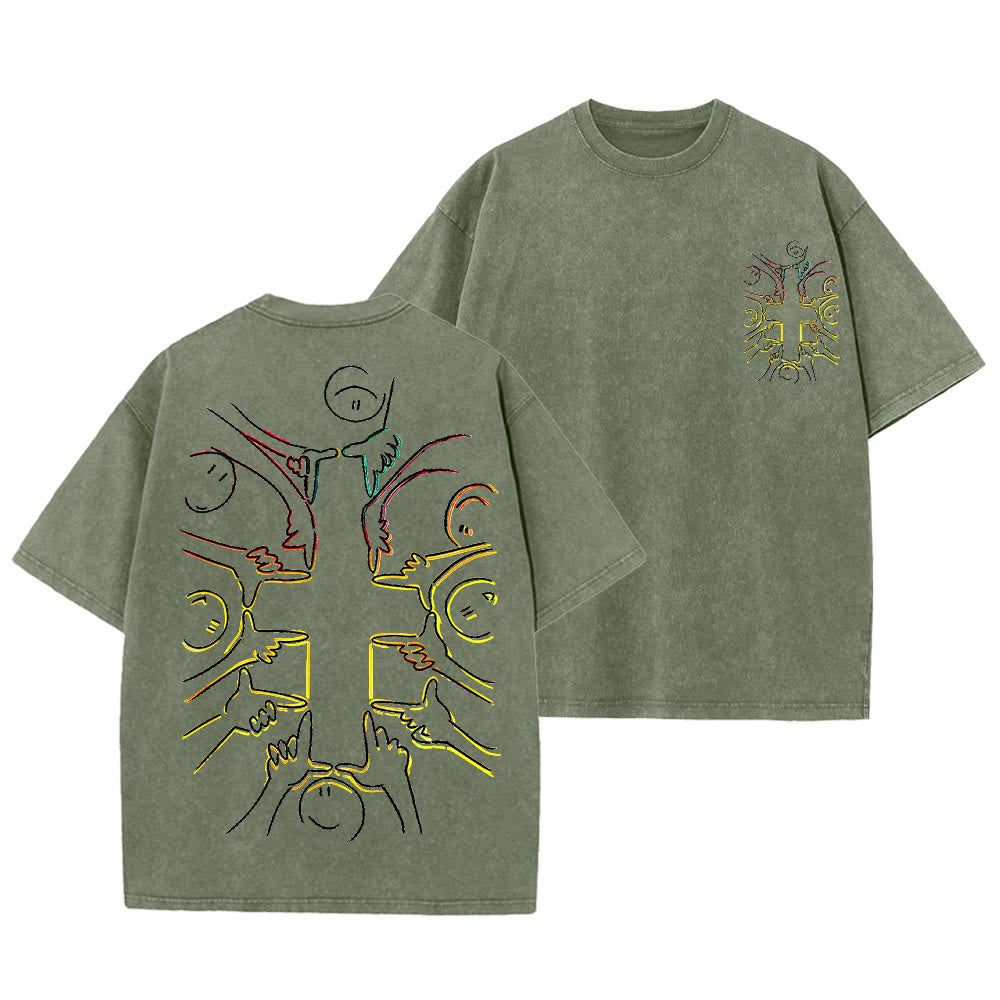 Christianartworkshop Camiseta unisex lavada con estampado de figura humana y cruz de la unidad. - Verde militar - 5XL - image 0
