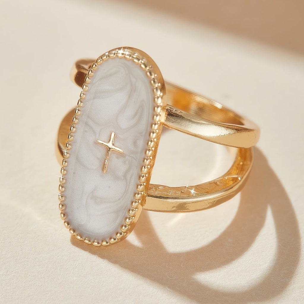 Christianartworkshop Anillo de doble banda con esmalte y detalle de cruz: un símbolo de fe y estilo sutiles. - Blanco (Apto para US 7 - US 10) - image 0