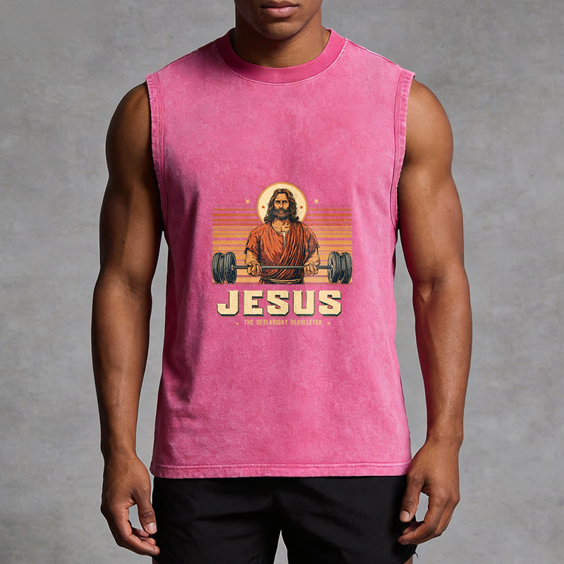 Christianartworkshop Camiseta sin mangas unisex lavada con declaración de fe de Jesus Deadlifter - image 10