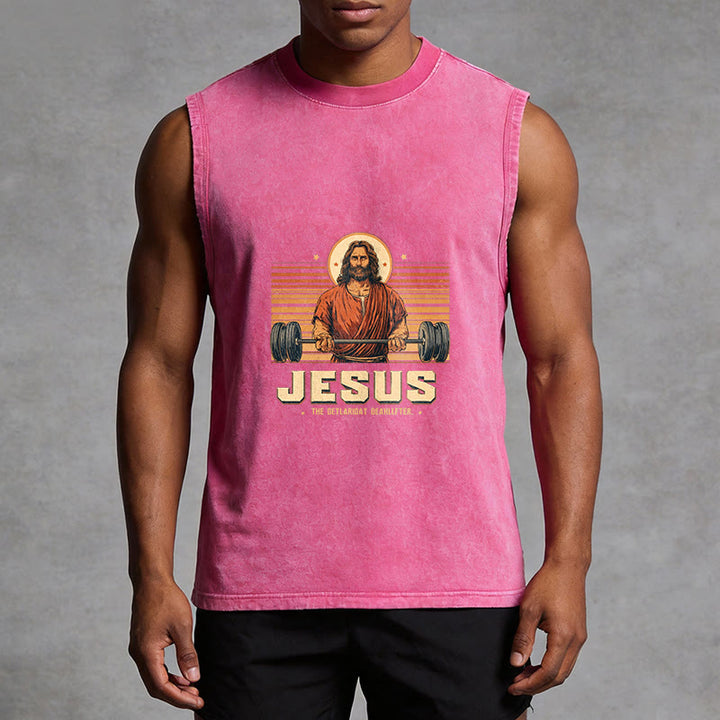 Christianartworkshop Camiseta sin mangas unisex lavada con declaración de fe de Jesus Deadlifter - image 10