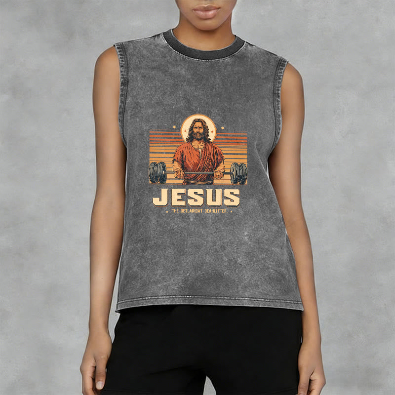 Christianartworkshop Camiseta sin mangas unisex lavada con declaración de fe de Jesus Deadlifter - image 13