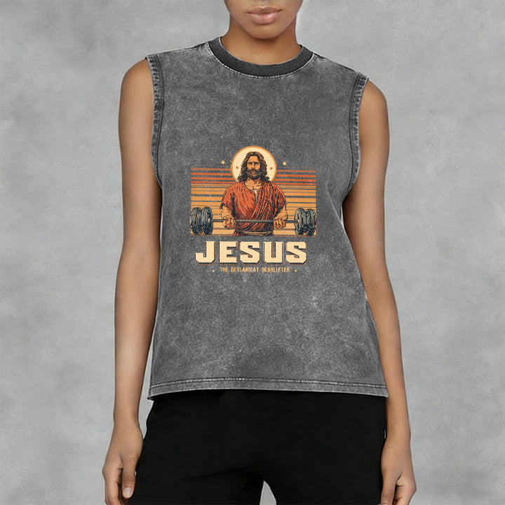Christianartworkshop Camiseta sin mangas unisex lavada con declaración de fe de Jesus Deadlifter - image 13