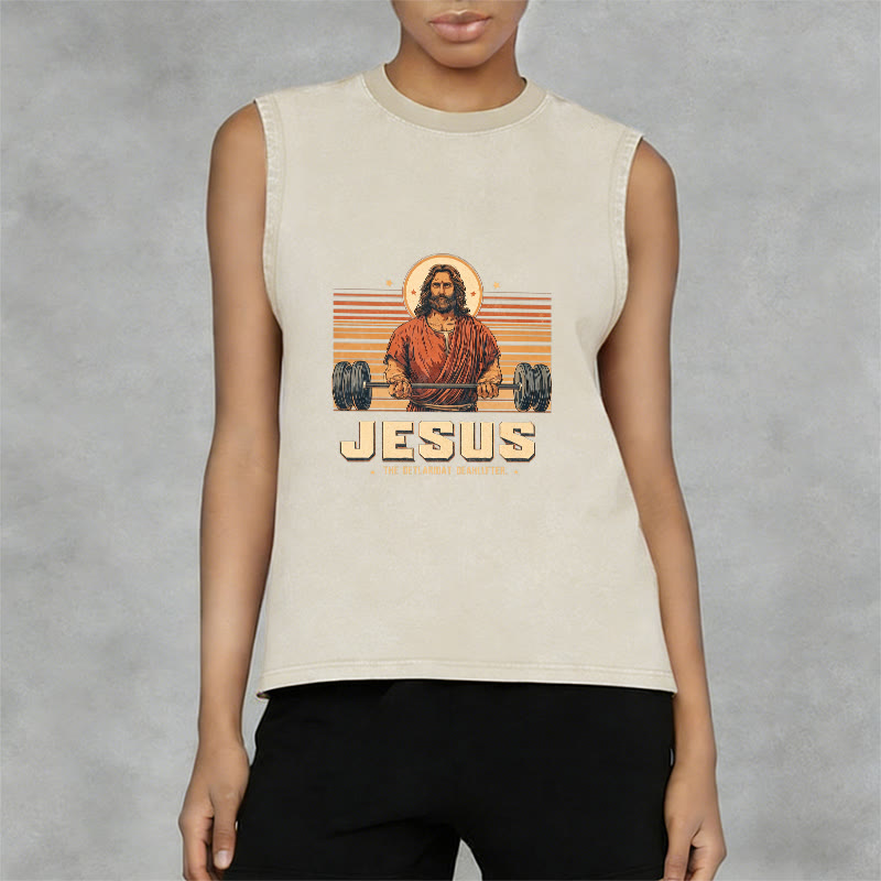 Christianartworkshop Camiseta sin mangas unisex lavada con declaración de fe de Jesus Deadlifter - image 8