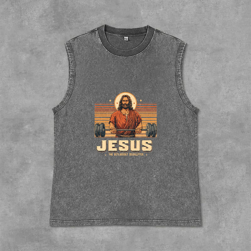 Christianartworkshop Camiseta sin mangas unisex lavada con declaración de fe de Jesus Deadlifter - Gris - 2XL - image 12