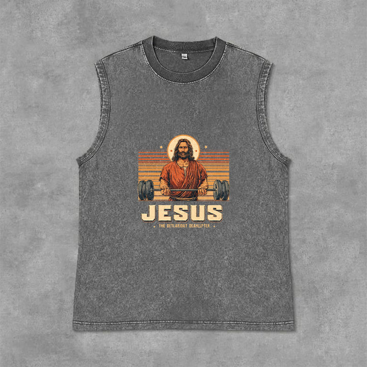 Christianartworkshop Camiseta sin mangas unisex lavada con declaración de fe de Jesus Deadlifter - Gris - 2XL - image 12