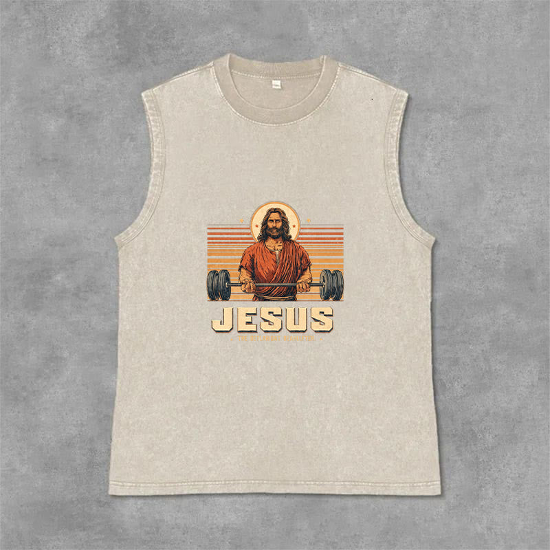 Christianartworkshop Camiseta sin mangas unisex lavada con declaración de fe de Jesus Deadlifter - Beige - 2XL - image 6