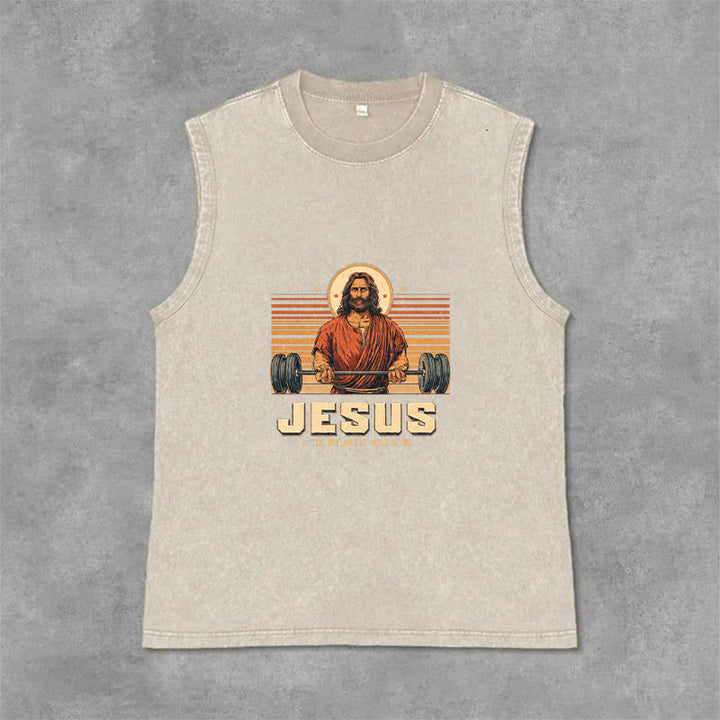 Christianartworkshop Camiseta sin mangas unisex lavada con declaración de fe de Jesus Deadlifter - Beige - 2XL - image 6