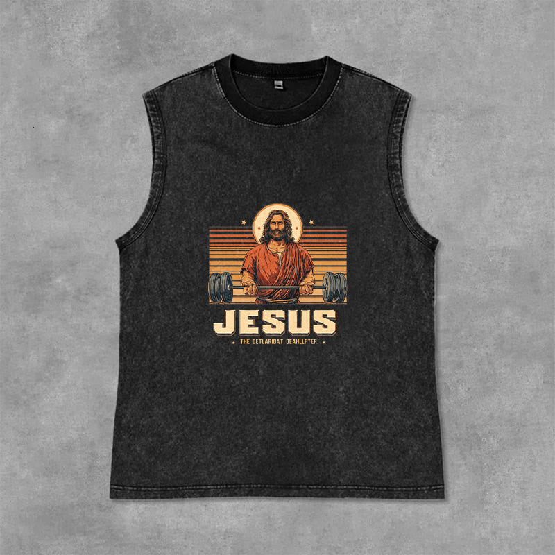 Christianartworkshop Camiseta sin mangas unisex lavada con declaración de fe de Jesus Deadlifter - Negro - 2XL - image 3